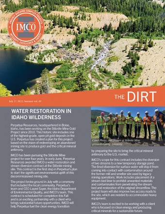 DIRT newsletter volume 49 cover with image of tree landscape, orange banner, and IMCO logo