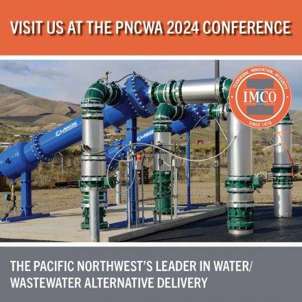 IMCO Construction logo with banner visit us at PNCWA conference and water treatment process equipment pictured