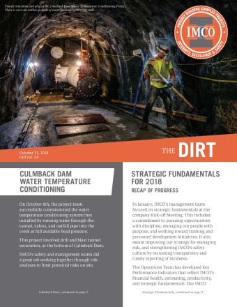 The DIRT Volume 34 cover The DIRT newsletter with round orange IMCO logo and gray I-beam, construction worker inside tunnel with large pipe