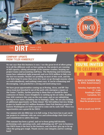 The DIRT newsletter with round orange IMCO logo and gray I-beam, construction worker and excavator with lake in background
