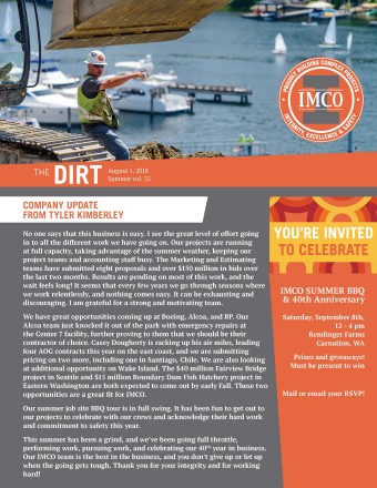 The DIRT Volume 33 cover The DIRT newsletter with round orange IMCO logo and gray I-beam, construction worker and excavator with lake in background