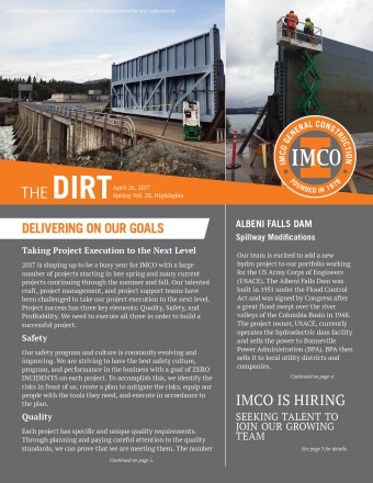 The Dirt newsletter cover with round IMCO logo and orange heading box, Albeni Falls dam gate, construction worker