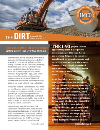 IMCO's The DIRT Volume 23 IMCO quarterly newsletter image with logo, photos of backhoe digging and workers inside 1-90 tunnels