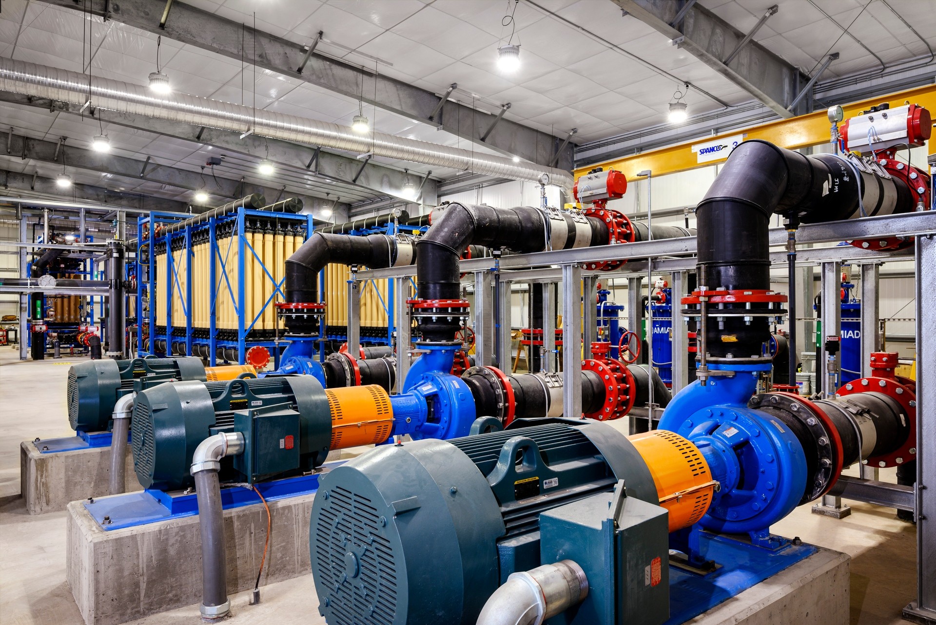 Inside of water treatment facility with process piping 