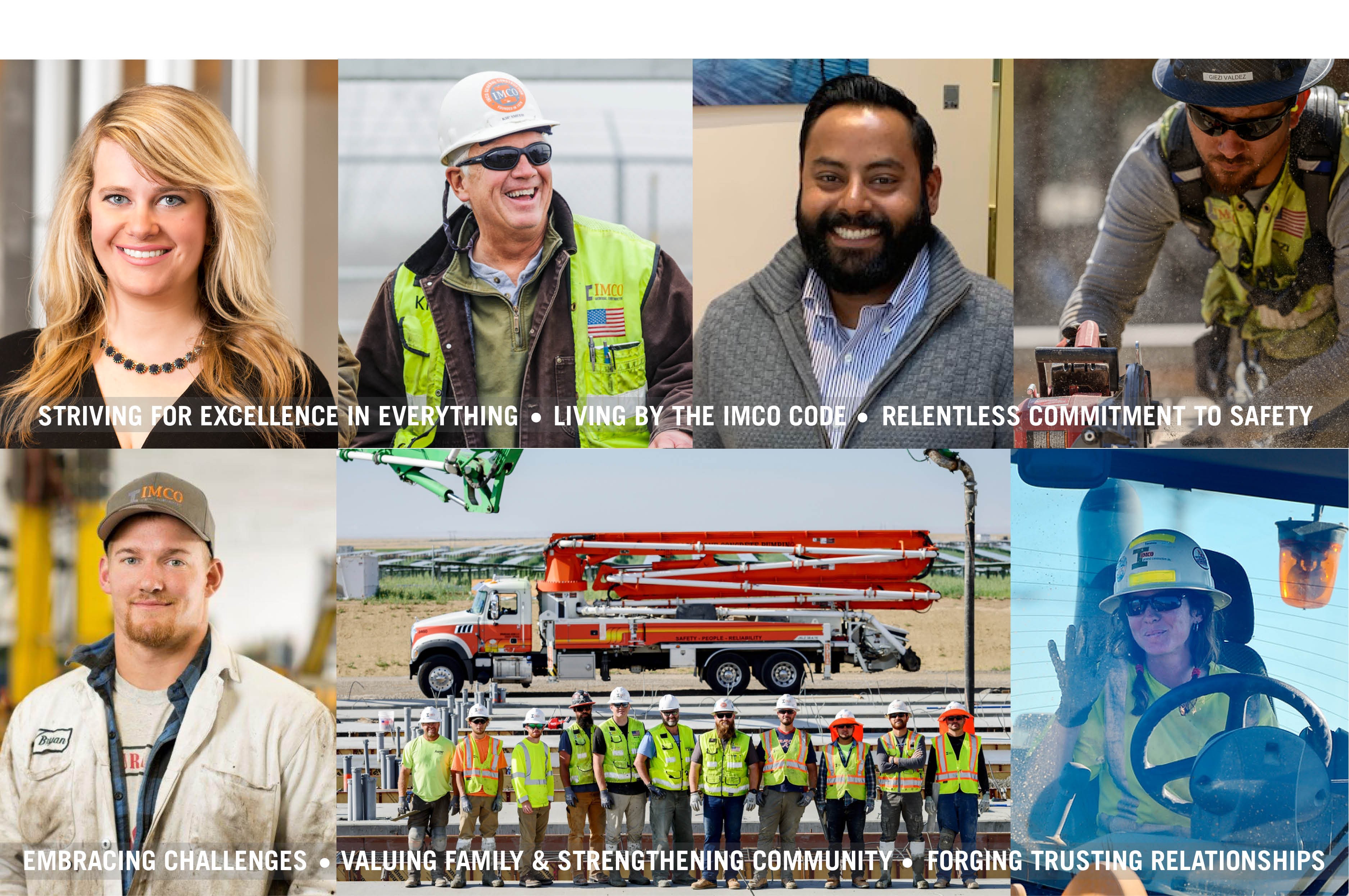collage of people working in construction with four men, on woman in cab, on woman smiling and group of workers lined up in front of red truck