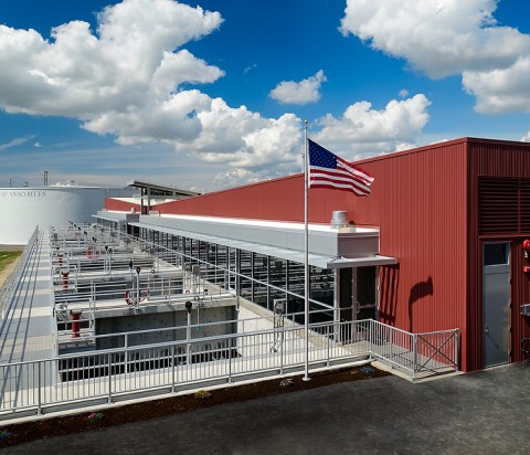 Sunny Day at Anacortes Water Treatment Plant with American Flag