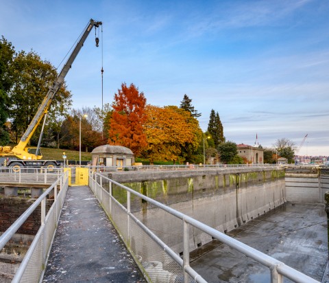 View from the top of the dewatered locks and an IMCO construction crane