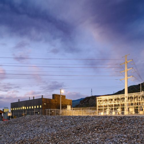 Dramatic skyline at dusk and Hydrogen production facility construction