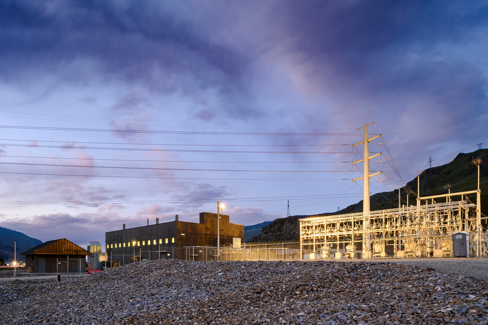 Dramatic skyline at dusk and Hydrogen production facility construction