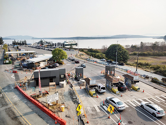 ferry terminal construction site with islands in background