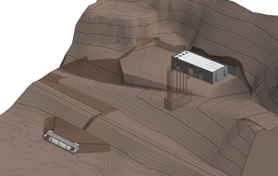 3D terrain model showing a building site carved into a steep hillside.
